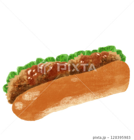水彩で描いたコロッケパン 128395983