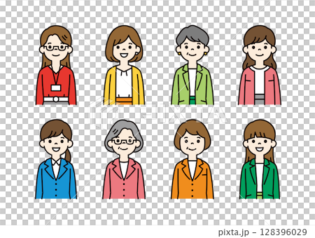 不同年齡層的女商人的彩色上身插畫集_vector_color 128396029