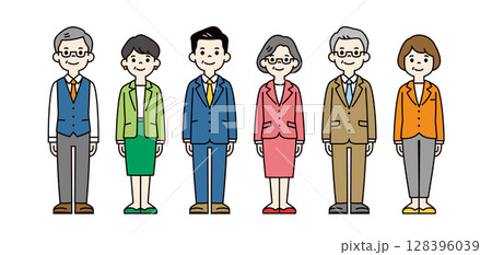 中高年の男女のビジネスパーソンの、カラフルな全身イラスト素材セット_ベクター_カラー 中高年の男女のビジネスパーソンの、カラフルな全身イラスト素材セット_ベクター_カラー 128396039