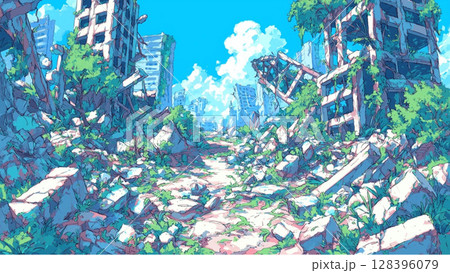 荒廃都市　絵画　タペストリー　イラスト画 荒廃した都市の背景イラスト、サムネ、Youtube、ブログ、素材、無人の