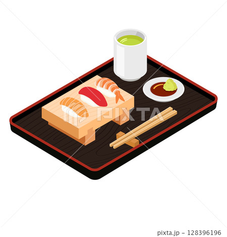寿司下駄と寿司3貫、湯呑み、醤油皿、箸の卓上セット（フラット・アイソメトリック） 128396196