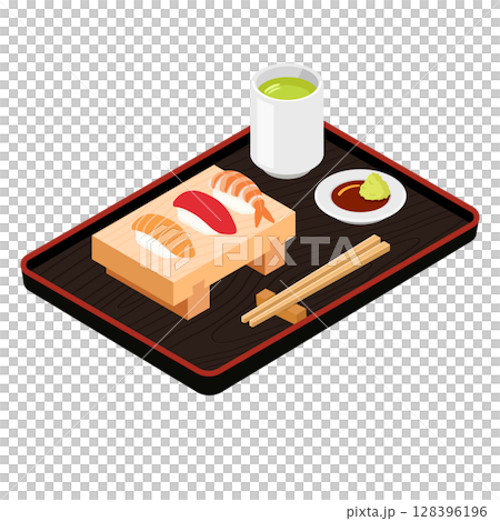 寿司下駄と寿司3貫、湯呑み、醤油皿、箸の卓上セット（フラット・アイソメトリック） 128396196