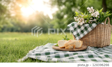 Cozy Picnic Scene with Fresh Bread and Flowers in a Sunlit Green Meadow Cozy Picnic Scene with Fresh Bread and Flowers in a Sunlit Green Meadow 128396266