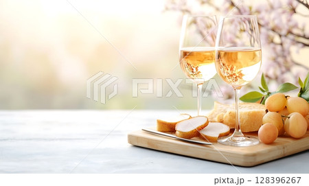Elegant Wine and Cheese Setup with Fresh Fruits in Soft Spring Lighting Elegant Wine and Cheese Setup with Fresh Fruits in Soft Spring Lighting 128396267