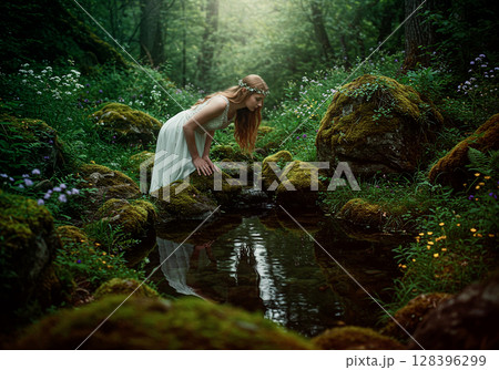 森の泉を覗き込む白いドレスの女性の幻想的な姿 128396299