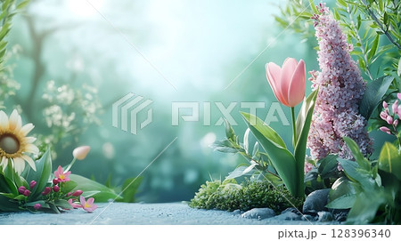 Beautiful Spring Garden with Pink Tulip and Lilac Flowers beside Lush Greenery in Soft Light 128396340