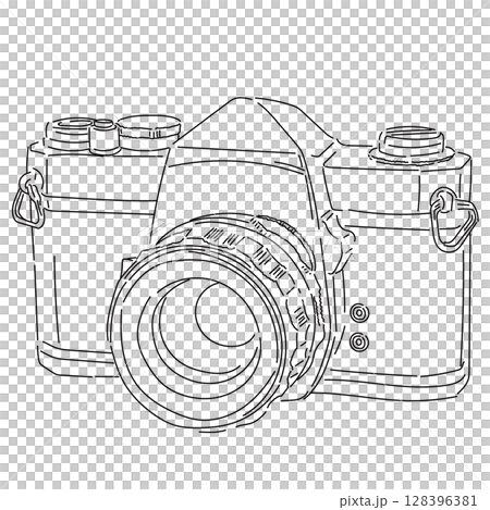 Monochrome line drawing of a film-era SLR camera Monochrome line drawing of a film-era SLR camera 128396381