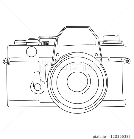 クラシックな一眼レフカメラのモノクロ線画イラスト 128396382
