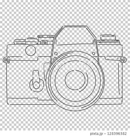 クラシックな一眼レフカメラのモノクロ線画イラスト 128396382