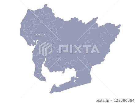 グレー色の愛知県の行政区分付き地図 128396384
