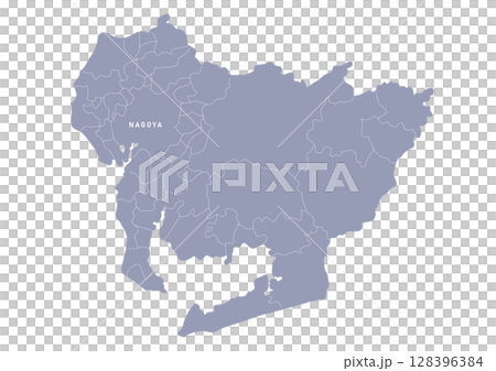 グレー色の愛知県の行政区分付き地図 128396384