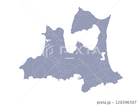 グレー色の青森県の行政区分付き地図 128396387