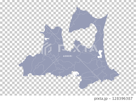 グレー色の青森県の行政区分付き地図 128396387