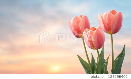 Fresh Pink Tulips Against a Soft Colorful Sunset Sky in Spring Season 128396402