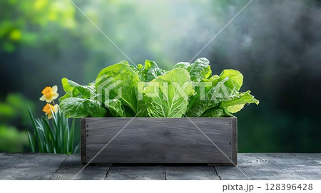 Fresh Green Lettuce Growing in Wooden Box Against Nature Background with Soft Focus Fresh Green Lettuce Growing in Wooden Box Against Nature Background with Soft Focus 128396428