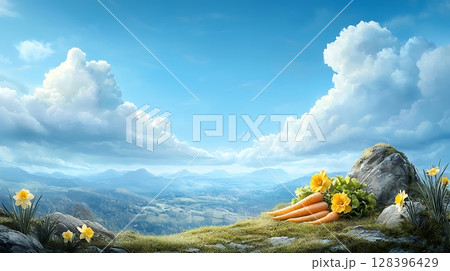 Vibrant Landscape of Carrots and Yellow Flowers Under a Bright Blue Sky Vibrant Landscape of Carrots and Yellow Flowers Under a Bright Blue Sky 128396429