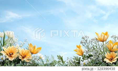 Bright Floral Arrangement Under Clear Blue Sky with Colorful Flowers and Greenery Bright Floral Arrangement Under Clear Blue Sky with Colorful Flowers and Greenery 128396430