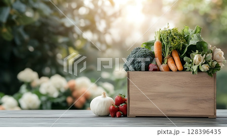 Fresh and Organic Vegetables in Wooden Box with Bokeh Background of Garden Plants Fresh and Organic Vegetables in Wooden Box with Bokeh Background of Garden Plants 128396435