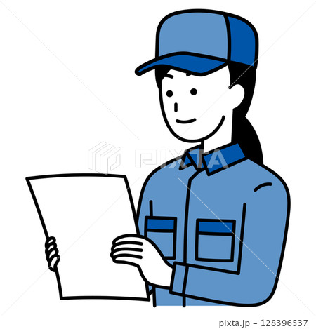 書類を見るつなぎ作業服の女性 128396537