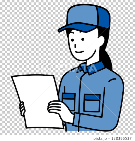書類を見るつなぎ作業服の女性 128396537