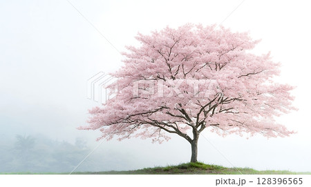 Beautiful Cherry Blossom Tree Blooming in Foggy Landscape with Soft Pink Flowers 128396565