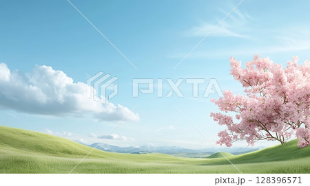 Tranquil Nature Scene with Pink Blossom Tree and Rolling Green Hills Under Cloudy Sky 128396571