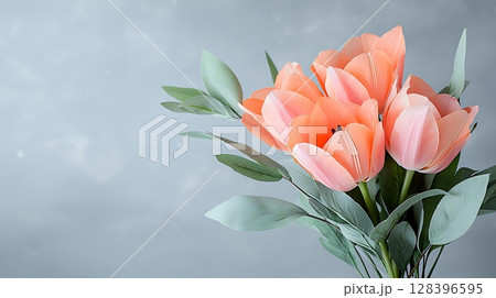 Beautiful Bouquet of Soft Pink Tulips with Green Leaves on a Light Gray Background 128396595