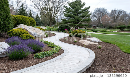 Serene Garden Pathway Surrounded by Lush Greenery and Colorful Blossoms in Springtime 128396620