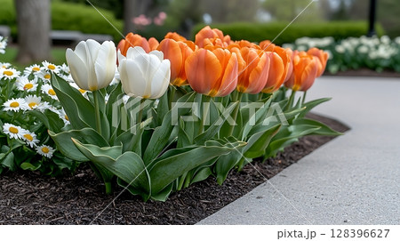 Vibrant Tulips and Beautiful Daisies in a Lush Garden Setting 128396627
