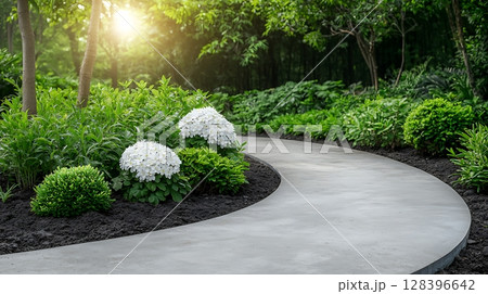 Serene Garden Pathway Surrounded by Lush Greenery and White Flowers at Dawn 128396642