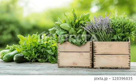 Fresh Herbs and Vegetables in Wooden Crates on Rustic Table in Natural Garden Setting Fresh Herbs and Vegetables in Wooden Crates on Rustic Table in Natural Garden Setting 128396835