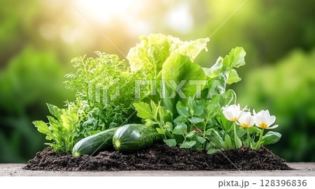 Fresh Vegetables and Herbs Growing in Organic Garden Soil with Green Background Fresh Vegetables and Herbs Growing in Organic Garden Soil with Green Background 128396836