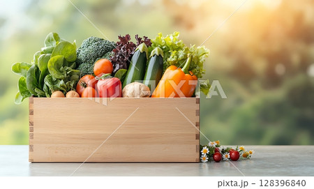 Fresh Organic Vegetables in Wooden Crate on Table with Nature Background and Soft Light 128396840