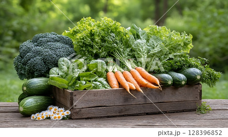 Fresh Vegetables in Wooden Crate Displayed Outdoors Surrounded by Greenery and Flowers Fresh Vegetables in Wooden Crate Displayed Outdoors Surrounded by Greenery and Flowers 128396852
