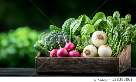 Fresh Organic Vegetables in Wooden Crate with Green Background for Healthy Eating Concept 128396861