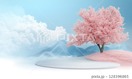 Serene Pink Cherry Blossom Tree Against Blue Sky and Mountain Landscape in Spring Season 128396865