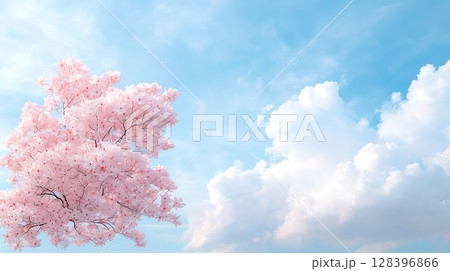 Pink Blossom Tree Against a Bright Blue Sky with Fluffy Clouds and Soft Light 128396866