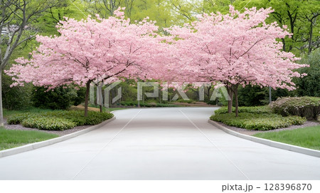 Serene Pathway Beneath Beautiful Cherry Blossom Trees in Springtime Garden Landscape 128396870