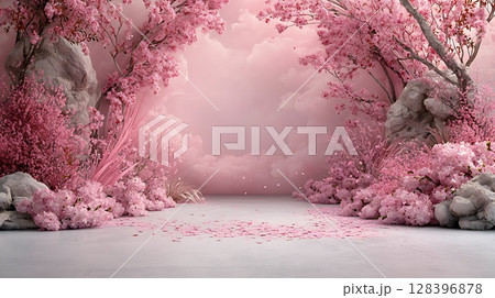 Serene Pink Blossom Landscape with Clouds and Soft Textures for Tranquil Backgrounds 128396878