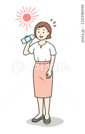 猛暑に炎天下で水分補給をする若い女性の全身イラスト 128396898