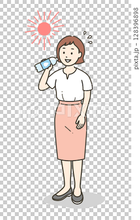 猛暑に炎天下で水分補給をする若い女性の全身イラスト 128396898