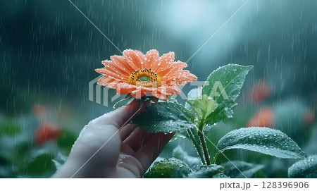 Hand Holding Orange Flower with Raindrops in Lush Green Garden Under Soft Rainy Skies Hand Holding Orange Flower with Raindrops in Lush Green Garden Under Soft Rainy Skies 128396906