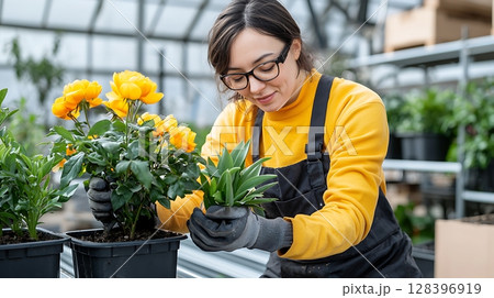 Woman Caring for Indoor Plants with Yellow Flowers in Bright Greenhouse Setting 128396919