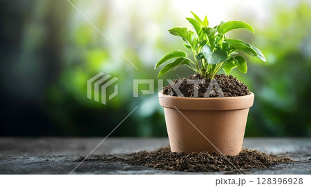 Fresh Green Plant Growing in Terracotta Pot with Soil and Nature Background Fresh Green Plant Growing in Terracotta Pot with Soil and Nature Background 128396928