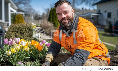 Gardener Smiling While Planting Colorful Tulips in Springtime Garden Exterior Landscape Gardener Smiling While Planting Colorful Tulips in Springtime Garden Exterior Landscape 128396931