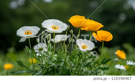 Vibrant Poppy Flowers in Varying Shades of White and Yellow Against a Green Background 128396967