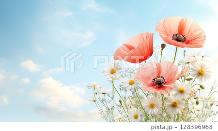 Delicate Poppies and Daisies Against a Bright Sky in Springtime Garden Scene 128396968
