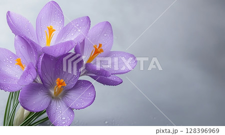 Beautiful Purple Crocus Flowers with Dewdrops on Soft Gray Background for Nature Theme 128396969