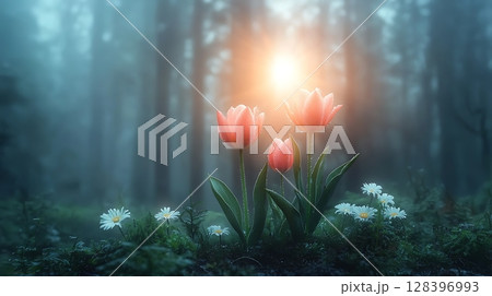 Soft Light Illuminates Pink Tulips and White Daisies in Misty Forest Environment 128396993