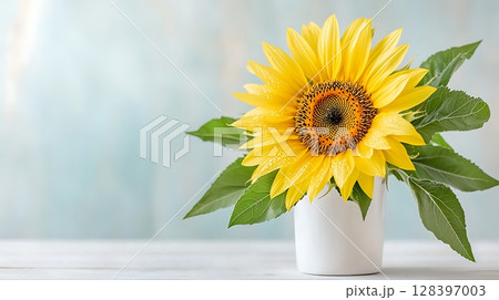 Bright and Cheerful Sunflower in White Pot with Lush Green Leaves on Soft Pastel Background 128397003